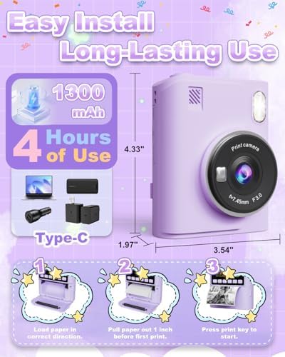Instant Print Camera for Kids, Christmas Birthday Gifts for 4 5 6 7 8 9 10 Year Old Girls Boys, Portable Toy with 4 Rolls Printing Paper, Purple - Image 4