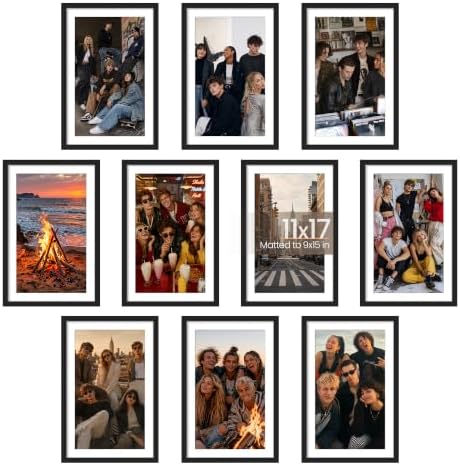 upsimples 11x17 Picture Frame Set of 10, Display Pictures 9x15 with Mat or 11x17 Without, Multi Photo Frames Collage for Wall Display, Black by upsimples