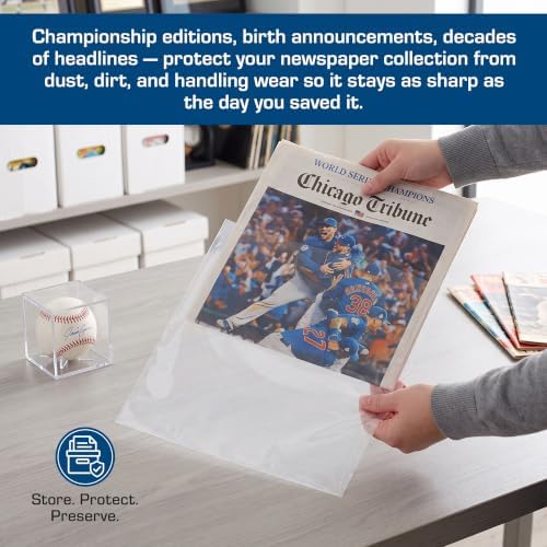 BCW Newspaper Bags – 100ct | Acid-Free Newspaper Protector Sleeves | 13 3/8" x 11 7/8" | 1½" Fold-Over Flap Closure | Clear Archival Newspaper Storage Bags - Image 2