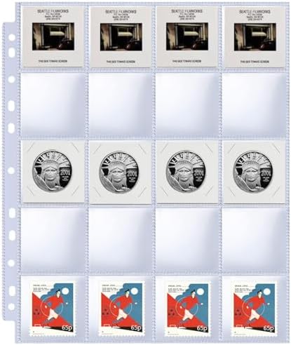 30 Pack 600 Pockets 2x2” Coin Flip Sleeves, Heavy Duty Stamp Collection Pages for 3 Ring Binder, 20 Pocket Photo Slide Flips Organizer Sheet, Top Loading Clear Cardboard Coin Holder Sleeves by BYSTER
