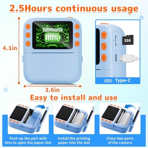 Instant Print Camera for Kids, Christmas Birthday Gifts for Girls Boys, 1080P Instant Digital Print Cameras for Toddler,Portable Toy for 4 5 6 7 8 9 10 Year Old Girl with 32GB SD Card，Light Blue - Image 6