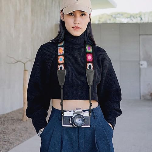 Padwa Lifestyle Colorful Crochet Camera Strap - 2" Full Grain Leather Ends Camera Straps for Photographers, Vintage Embroidered Cotton Soft Suede Fabric Padded Strap Quick Release fits All Cameras - Image 5