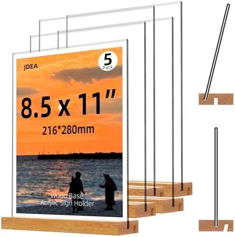 Acrylic Sign Holder with Wood Base 8.5x11 Inch Vertical and Slant Displays (5 Pack 8.5*11") by JDEA