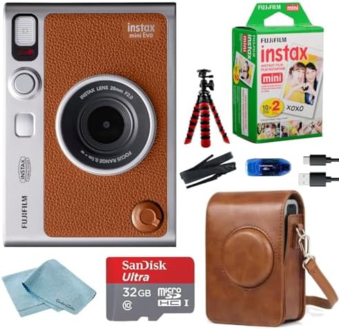 Fujifilm Instant Mini EVO Hybrid Camera Bundle with 20 Instant Film Sheets + 32GB Memory Card + Carrying Case + Flex Tripod + BluebirdSales Cleaning Cloth (Brown) by FUJIFILM