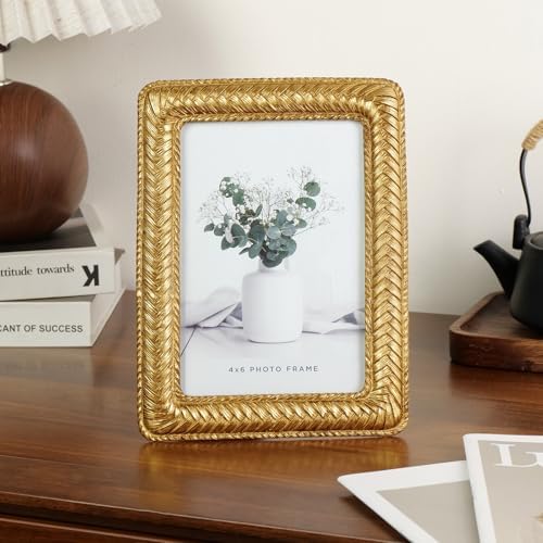 Cuspin 4x6 Gold Picture Frame, Vintage Decorative Rattan Resin Photo Frame - Image 2
