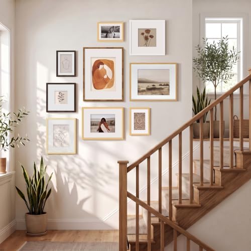 12x12 Picture Frame Set of 6, Display Pictures 8x8 with Mat or 12x12 Without Mat, Tabletop Display and Wall Hanging Photo Frame, Gallery Wall Frame Set, Honey Oak - Image 5