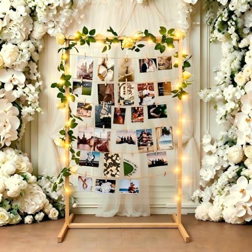 47 Inch Photo Display Stand Wooden with String Lights & 50 Clips - Sturdy Floor Standing Picture Stands, Hanging Photo Display Board for Wedding Reception, Party & Graduation Decorations 2026 (Natural Pine) by Aescwyn