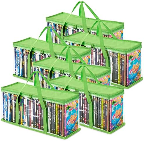 Stock Your Home DVD Storage Bags (Set of 6) Media Organizer Bag for DVDs, CDs, Blu Ray Disc, Movie Cases, VHS Box, Video Game Disks, Clear Plastic Holders with Carrying Handles and Zipper - Green by StockYourHome