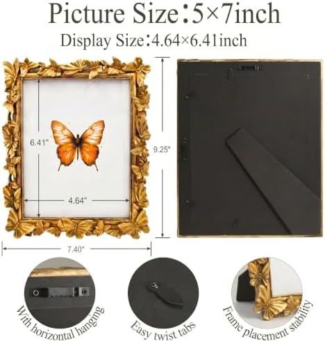 Gold 5X7 Vintage Picture Frames Golden Palm Butterfly Elegant Retro European Design,Antique Picture Frame for Tabletop Stand or Wall Hanging - Image 3