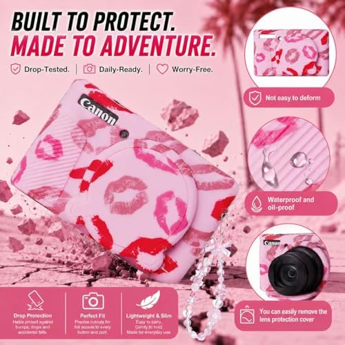 Cute Camera Case for Canon PowerShot SX740 HS/SX730 HS,Silicone Protective Cover with Removable Lens Cap,Wrist Strap & 2 Pack Tempered Glass Screen Protector for Women (Pink Lips) - Image 6