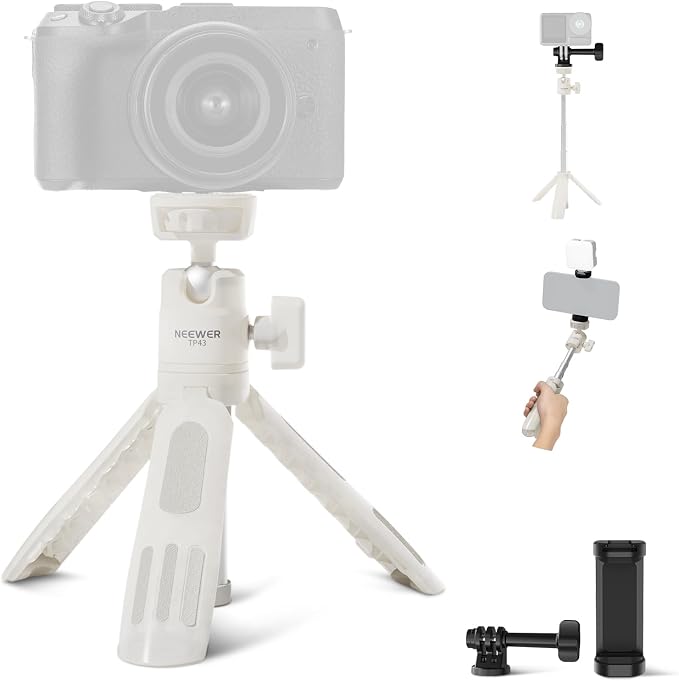 NEEWER Basics Mini Desk Selfie Stick Tripod Compatible with iPhone GoPro Insta360 DJI, Portable Small Camera Webcam Android Cell Phone Holder Ball Head Elevated Axis Video Recording Stand, TP43 White by Neewer