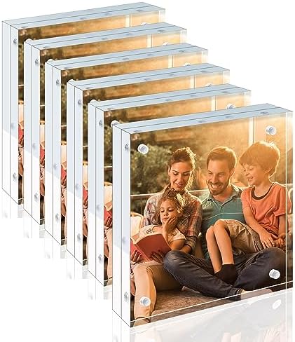 Egofine 4x4 Acrylic Frames 6 Pack, 20mm Thicker Frameless Clear Picture Frames, Double Sided Magnetic Picture Frames, Free Standing Desktop Display by Egofine