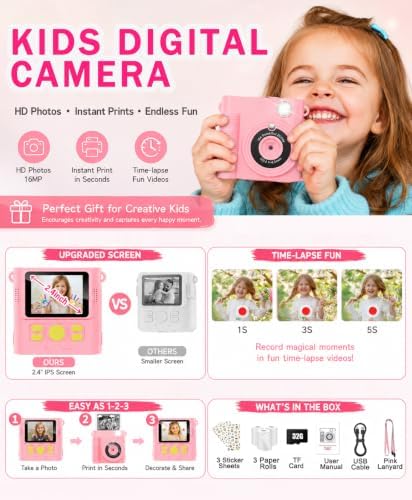 Kids Instant Print Camera Ages 3-12 1080P Selfie 2.4" Screen 32GB Gift Pink - Image 6