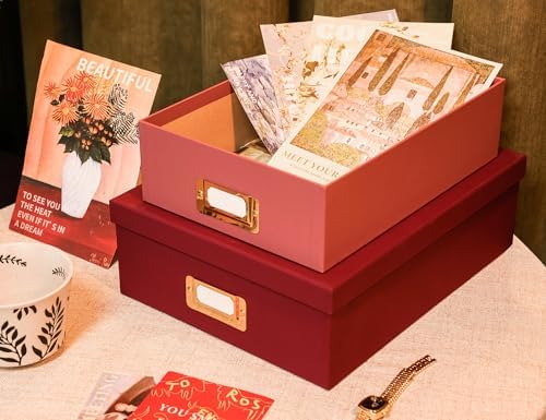 2-Piece Decorative Storage Boxes with Lids with Gold Label Holders, Two-tone Red Design, Stackable Cardboard Document Storage Boxes for Office, Home, Photos, Files and Keepsake Box - Image 4