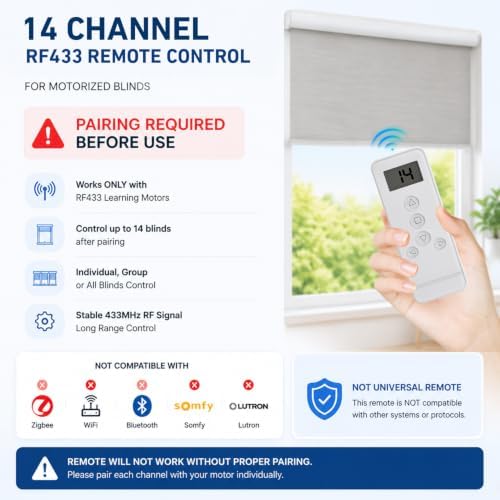 14 Channel RF Remote Control for Roller Shades – Compatible with ERB25/EY2512 Motorized Blinds Systems, Individual & Group Control, Replace Lost or Broken Remote for RF Tubular Motors (Not Universal) - Image 2
