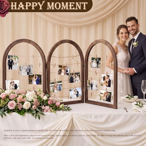 Briwooody 3 Panel 53 x 24 Inch Photo Display Rack with Clips Wooden Arched Picture Collage Frames Board for Farmhouse Wedding Postcard Greeting Card Organizer Holder Home Dorm(Black Walnut) - Image 4