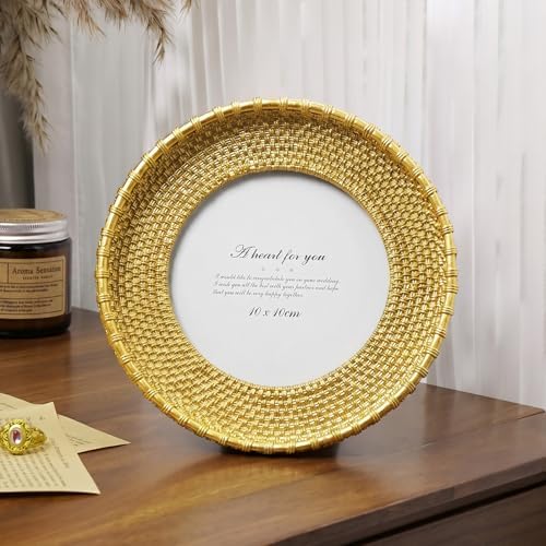Cuspin 4x4 Gold Picture Frame Round Vintage Woven Circle Photo Frame - Image 2