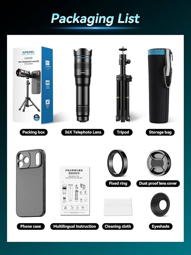 APEXEL 36x Telephoto Lens Compatible with iPhone 17 Pro Max | Photography for Travel, Birdwatching, Exploration | Kit with Sturdy Metal Tripod and Threaded Phone Case - Image 7