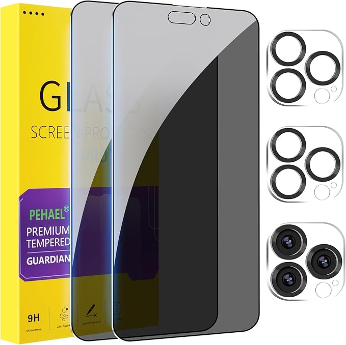 PEHAEL for iPhone 14 Pro Max Privacy Screen Protector+Camera Lens Protector | Installation kits, Anti-Spy Private, Anti-Scratch, 9H Tempered Glass, Case Friendly, 2+2 Pack, [6.7 inch] by PEHAEL