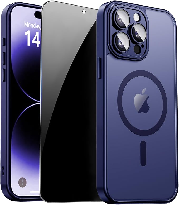 for iPhone 14 Pro Max Case with Privacy Screen Protector, Blue | Full Camera Protection, Translucent Matte Magnetic, Compatible with MagSafe, Shockproof Phone Cover, Slim Fit by ZOZDOKG