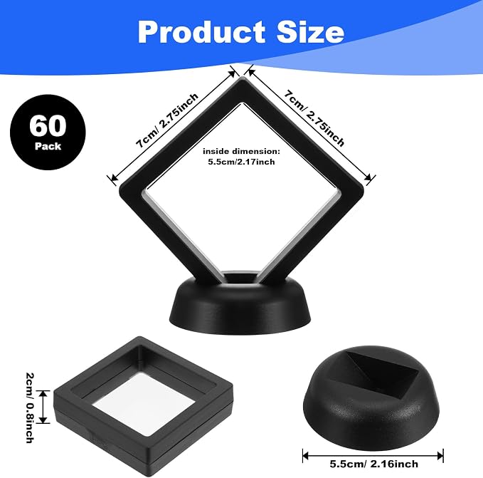 60 Pcs 3D Floating Display Case PE Film Jewelry Storage Box Coins Display Frame Holder Stands for Antique Challenge Coins, Medallion Shells Gems Rocks Pins (Black,2.76 Inch) - Image 2