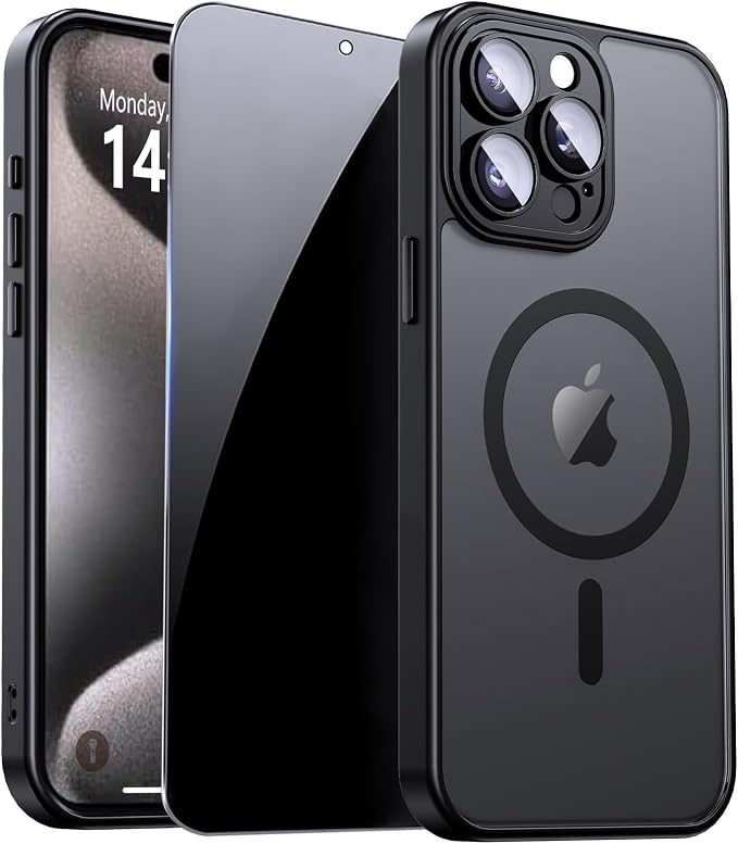 for iPhone 15 Pro Max Case with Privacy Screen Protector, Black | Full Camera Protection, Translucent Matte Magnetic, Compatible with MagSafe, Shockproof Phone Cover, Slim Fit by ZOZDOKG