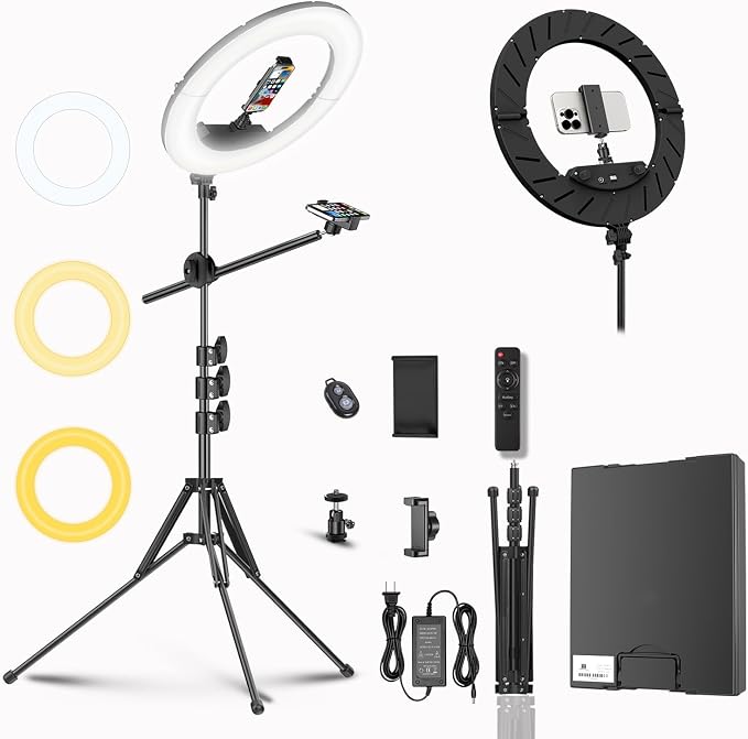 55W18 45cm Ring Light Kit [New Version] 6700K Dimmable LEDRinglightTripod Stand Dual Phone Holder for iPhone Selfie Makeup LashTattoo Studio Lighting Painting,Photo Video Recording (Black) - Image 7