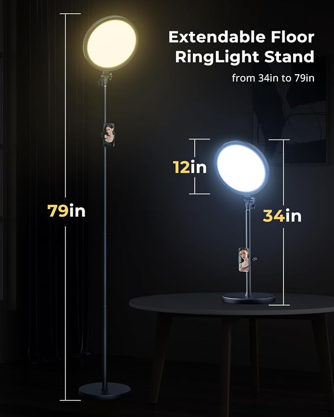 Aureday 12” Ring Light with Stand and Phone Holder, 79” Tall LED Circle Light with Weighted Base & Remote, Dimmable Floor Lamp for Video Recording, Barber, Live Stream, Makeup, Photography - Image 4