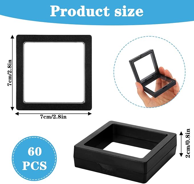 Molain 60 Pcs Coin Holder Challenge Coin Display Stand, 3D Floating Display Case 2.8 x 2.8 x 0.8 Inch Clear Film Jewelry Storage Box, Coins Case Frame Stand for Challenge Coins Fossils Rocks, Black - Image 2