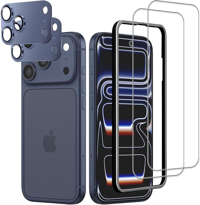 Screen Protector for iPhone 17 Pro 6.3 inch +2 Pack Blue Metal Camera Lens cover Protector by WowFluy