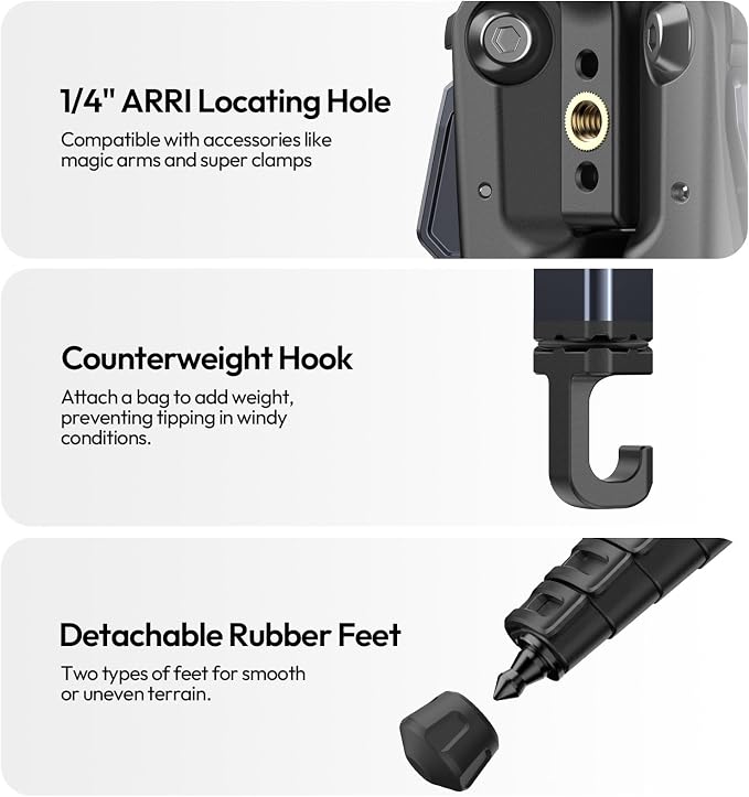 ULANZI Ombra Xiang Ⅱ Camera Video Tripod w Fluid Head, 61.5" Travel Tripod w 360° Rotated Arca Quick Release Plate, Portable Stand for Phone Camera Vlogging Video Shooting with Carry Bag Phone Clamp - Image 7