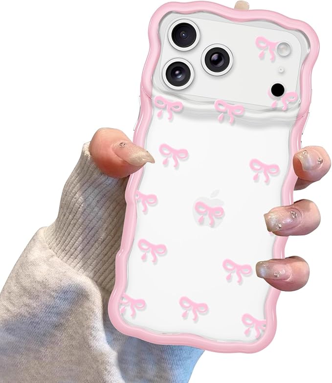 QLTYPRI for iPhone 17 Pro Max Pink Bow Case, Clear Cute Pink Ribbon Bow Phone Case Curly Wavy Aesthetic Phone Cover, Soft Slim Transparent TPU Shockproof Protective Cover for Women Girls - Tiny Bow - Image 7