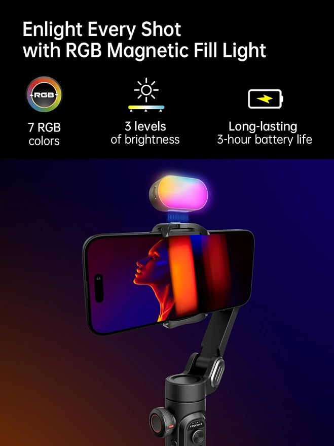 AOCHUAN Gimbal Stabilizer for Smartphone w/Gesture Control, XE Kit | Foldable handheld gimbal w/face tracking, magnetic fill light for TikTok, YouTube vlog and smartphone video recording - Image 2