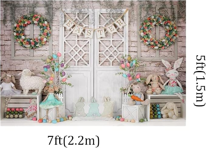 Kate 7x5ft Spring Happy Easter Day Photography Backdrops Colorful Egg | Cute Rabbit Toy Photographic Background Retro Gray Wall White Door Baby Shower Newborn Backdrop - Image 4