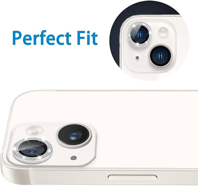 for iPhone 13 Mini & iPhone 13 Camera Lens Protector, Bling Glitter 9H Tempered Glass Camera Cover Anti Scratch Shockproof Screen Protector Individual Ring - 2Pcs Glitter Silver - Image 3