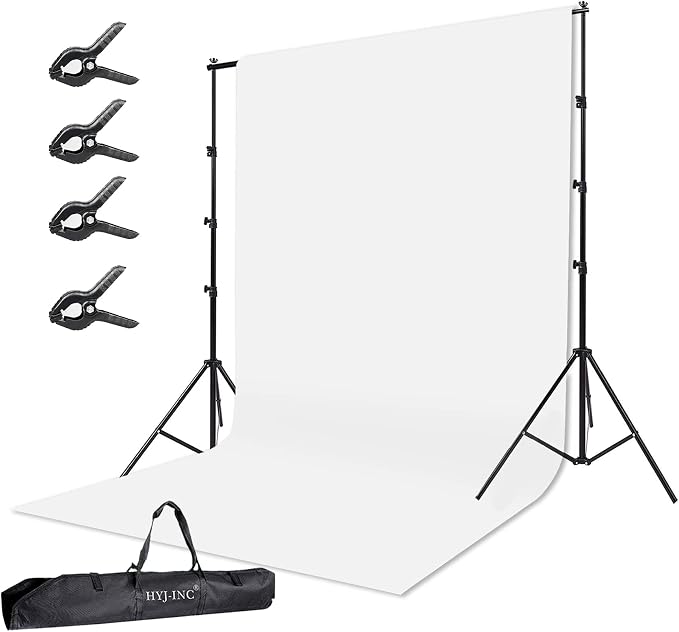 Photo Background Support System with 10 x 10ft Backdrop Stand Kit,10 x12ft 100% White Cotton Muslin Backdrop,Clamp,Carry Bag for Photography Video Studio by HYJ-INC