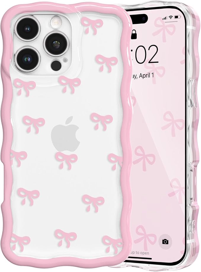 QLTYPRI for iPhone 14 Pro Max Pink Bow Case, Clear Cute Pink Ribbon Bow Phone Case Curly Wavy Aesthetic Phone Cover, Soft Slim Transparent TPU Shockproof Protective Cover for Women Girls - Tiny Bow by QLTYPRI