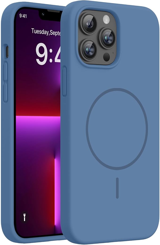 miracase Magnetic for iPhone 13 Pro Max Case, [Soft Anti-Scratch Microfiber Lining], Compatible with MagSafe, Liquid Silicone Shockproof Drop Protection Phone Case for 13 Pro Max, Glass Blue by Miracase