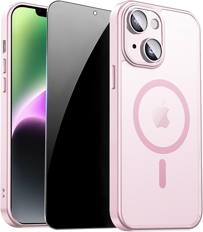 for iPhone 14 Case with Privacy Screen Protector, Pink | Full Camera Protection, Translucent Matte Magnetic, Compatible with MagSafe, Shockproof Phone Cover, Slim Fit Women/Girls by ZOZDOKG