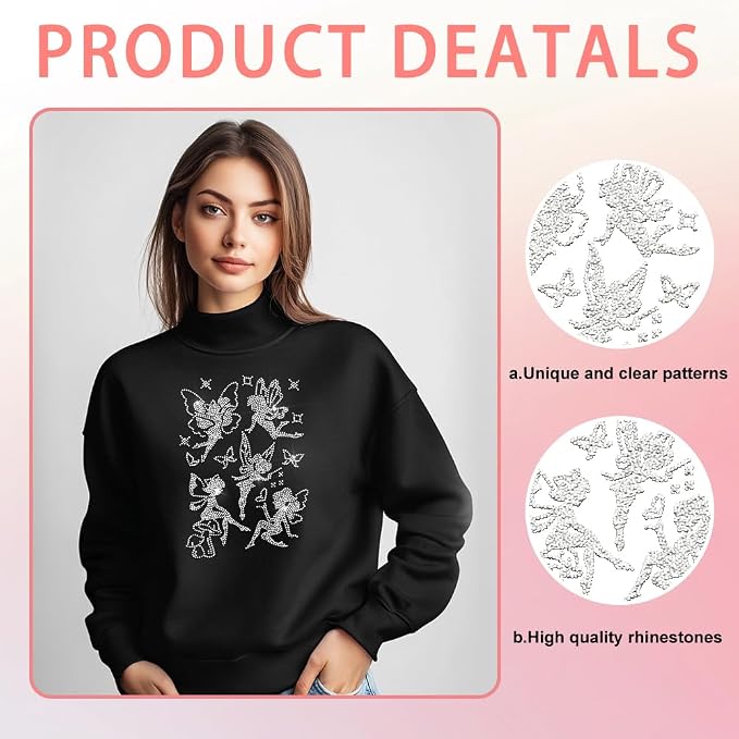 5 Pcs Fairy Pattern Iron on Rhinestones Transfer, Bling Crystal Clothing Repair Applique Heat Transfer Patches for T-Shirt Vest Shoes Hat Jacket Pants Bags Decor - Image 2