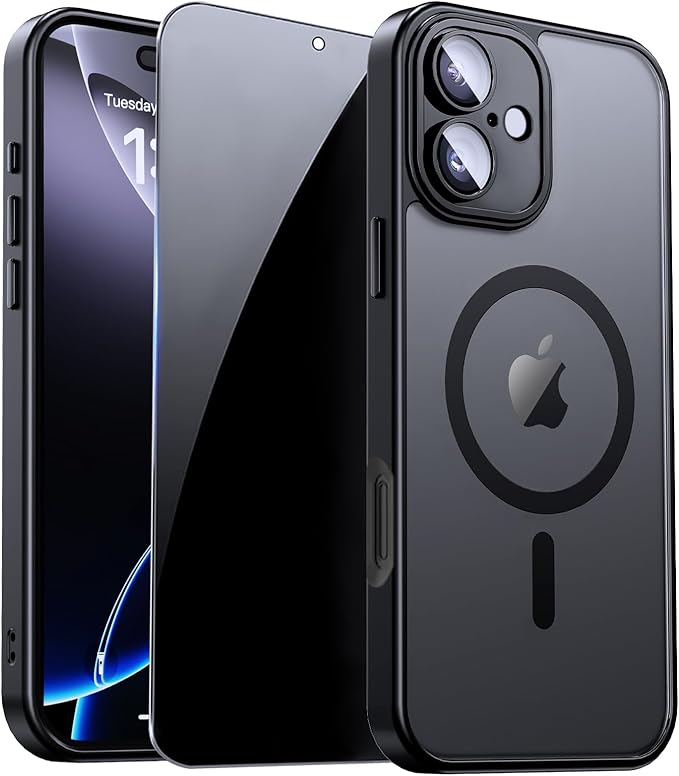 for iPhone 16 Case with Privacy Screen Protector, Black | Full Camera Protection, Matte Translucent, Magnetic, Compatible with MagSafe, Shockproof Phone Cover, Slim Fit by ZOZDOKG