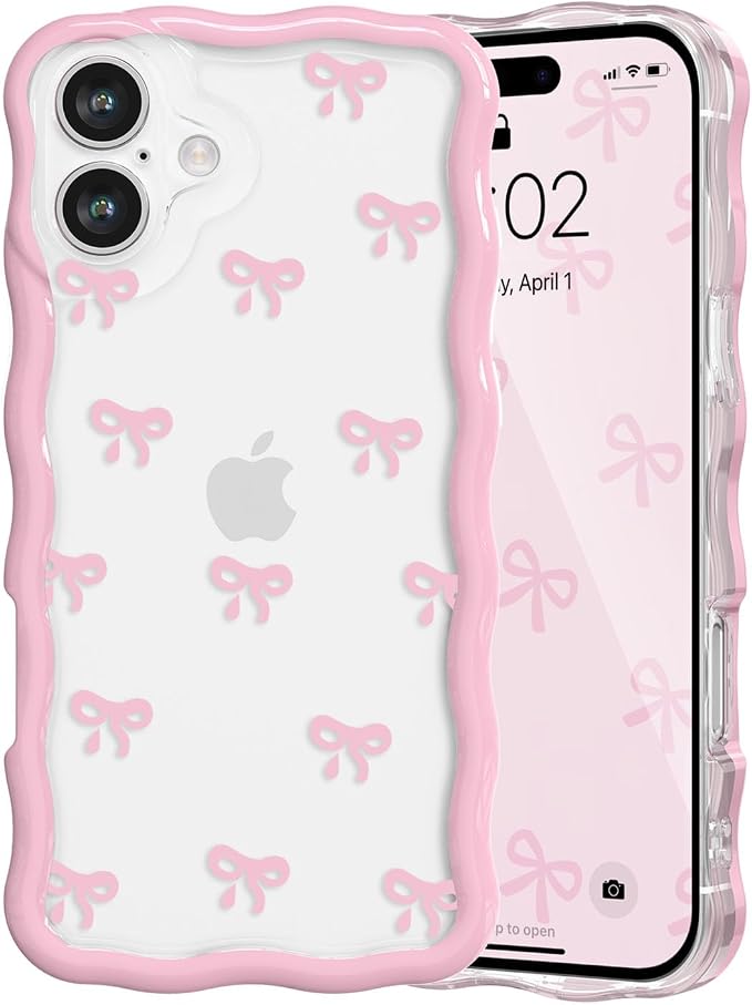 QLTYPRI for iPhone 16 Plus Pink Bow Case, Clear Cute Pink Ribbon Bow Phone Case Curly Wavy Aesthetic Phone Cover, Soft Slim Transparent TPU Shockproof Protective Cover for Women Girls - Tiny Bow by QLTYPRI