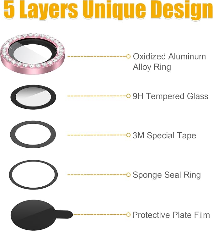 AGVEE 3+3 6 Pack for iPhone 14 Pro & Max Camera Lens Protector Cover | Individual Bling Diamond & Bling Glitter Sparkle Cute Gem Metal Ring, 9H Tempered HD Glass - Image 7