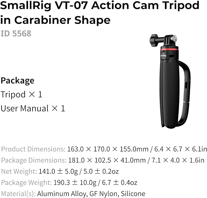 SMALLRIG Portable Action Camera Tripod, 6.5-13.6in Extendable Selfie Stick | Carabiner with Mantis Hook, Mini Table Tripod for DJI Osmo Action 6/5 pro/4, for GoPro 13/12/11, for Insta360 Ace Pro 2 -5568 - Image 8