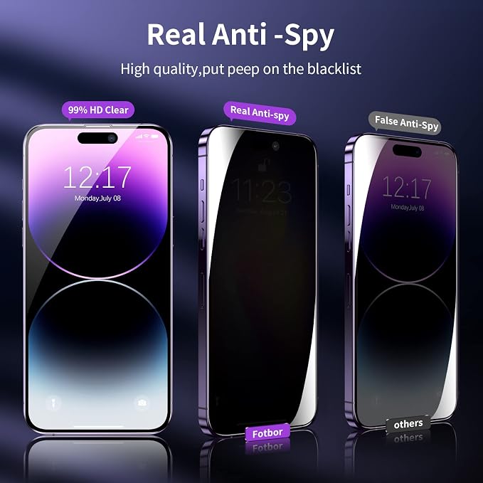 Fotbor Privacy Screen Protector for iPhone 14 Pro with Camera Lens Protector [3+3 Pack], with Easy Installation Kit, Anti Spy Private Full Coverage Tempered Glass Film 6.1 Inch, Bubble Free - Image 2