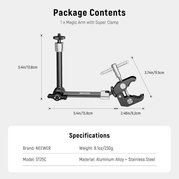 NEEWER 9.8"/25cm Adjustable Magic Arm with Super Clamp 1/4" Screws, ST25C | 1/4" & 3/8" Threads, for Flash, LED Light, Microphone, Monitor, Compatible with SmallRig Camera Cage, Max Load 3.3lb/1.5kg - Image 8
