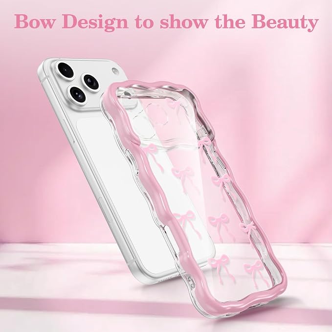 QLTYPRI for iPhone 17 Pro Pink Bow Case, Clear Cute Pink Ribbon Bow Phone Case Curly Wavy Aesthetic Phone Cover, Soft Slim Transparent TPU Shockproof Protective Cover for Women Girls - Ribbon Bow - Image 2