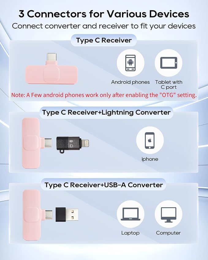 Mini Microphone for iphone Android Phone Tablet ipad PC, Usb C Wireless Lavalier Pink Mic for Video Recording Vlogging Youtube Tiktok Podcast Interview content creators, Clip on Tiny Microphones - Image 3