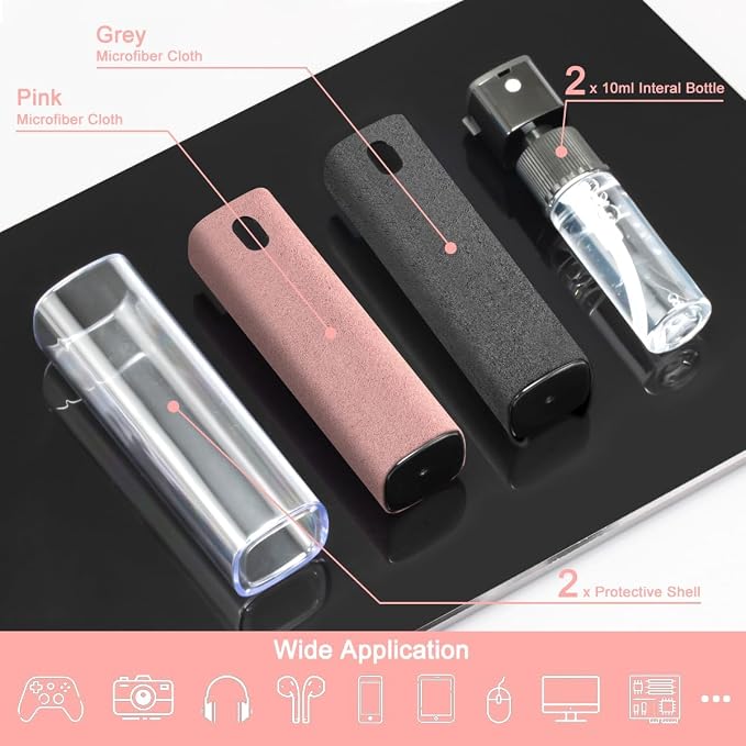 walrfid Screen Cleaner Spray and Wipe for Phone, Tablet, Laptop, 2 Pack | Touchscreen Mist Cleaning Kit for Tablet, PC, Computer, Eyeglass, iPhone, iPad, MacBook and Car Screens, Grey and Pink - Image 2