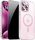 for iPhone 15 Pro Case with Privacy Screen Protector, Pink | Full Camera Protection, Translucent Matte Magnetic, Compatible with MagSafe, Shockproof Phone Cover, Slim Fit Women/Girls by ZOZDOKG